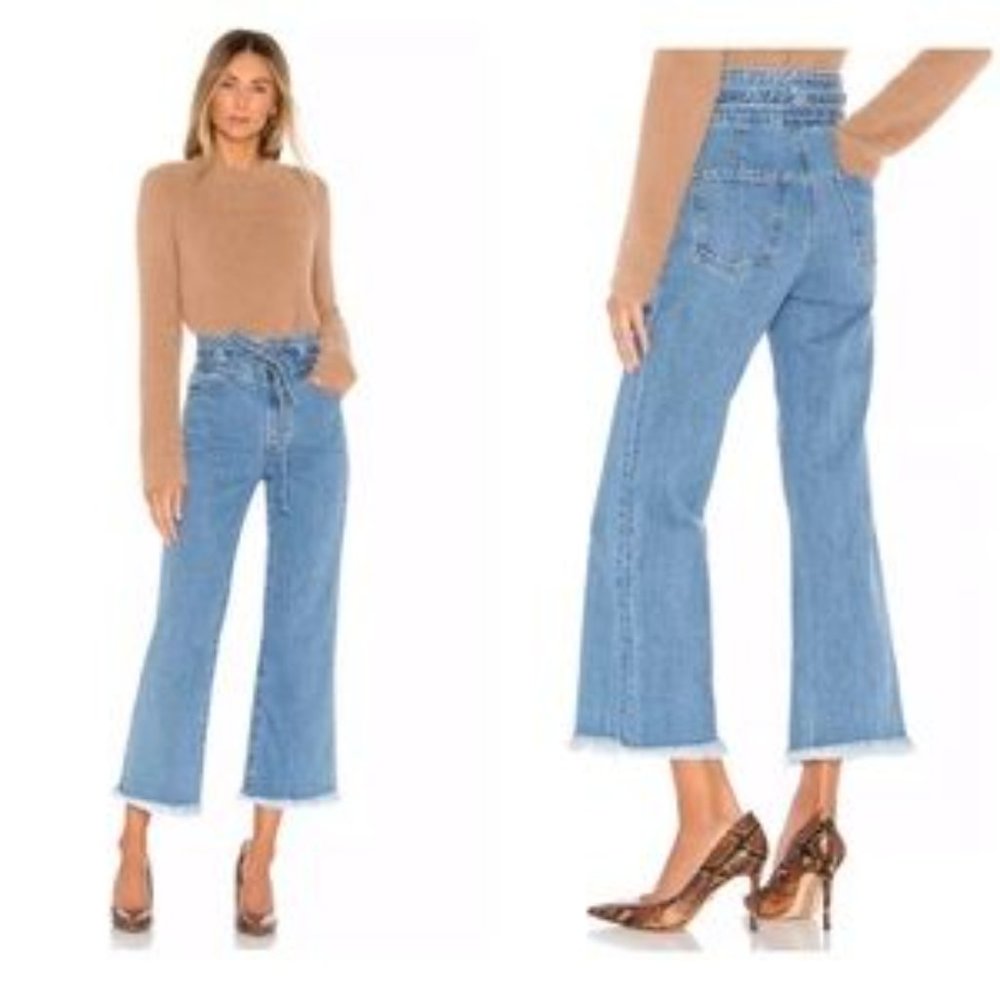 J Brand Light Blue High-Rise Paperbag Tie Waist Cropped Flare Jeans
